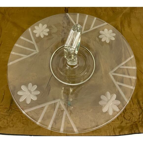 VTG Etched Clear Crystal Center Handle Tray Plate with Etched Flowers 10.5" - Picture 12 of 16